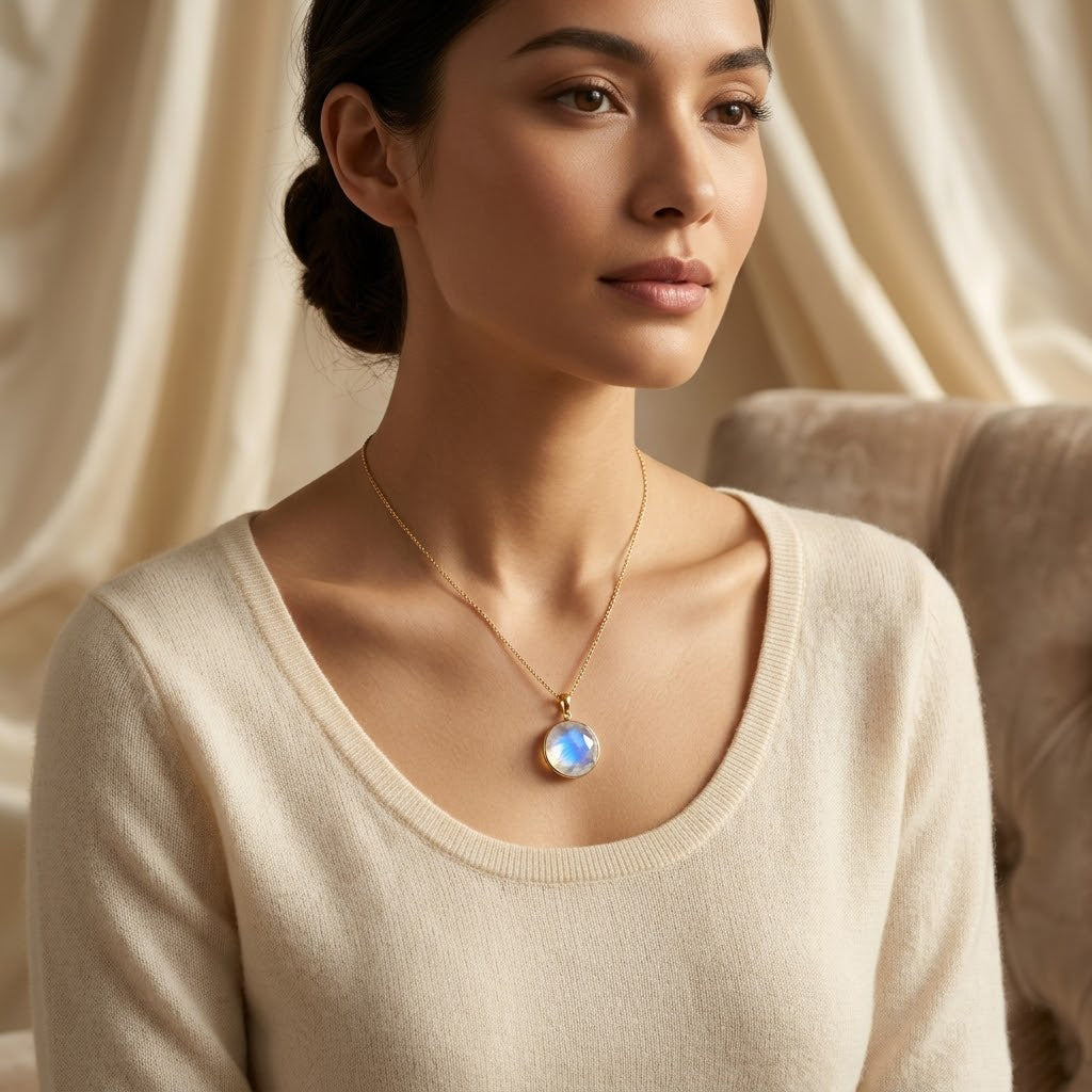 Moonstone necklace on model, glowing white June birthstone pendant in gold, minimalist gemstone jewelry for women
