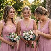 Bridesmaids wearing personalized rainbow moonstone necklaces, a meaningful June birthstone jewelry gift for weddings.