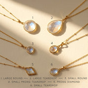 Moonstone pendant necklaces in assorted sizes and shapes, gold June birthstone jewelry collection with elegant faceted stones