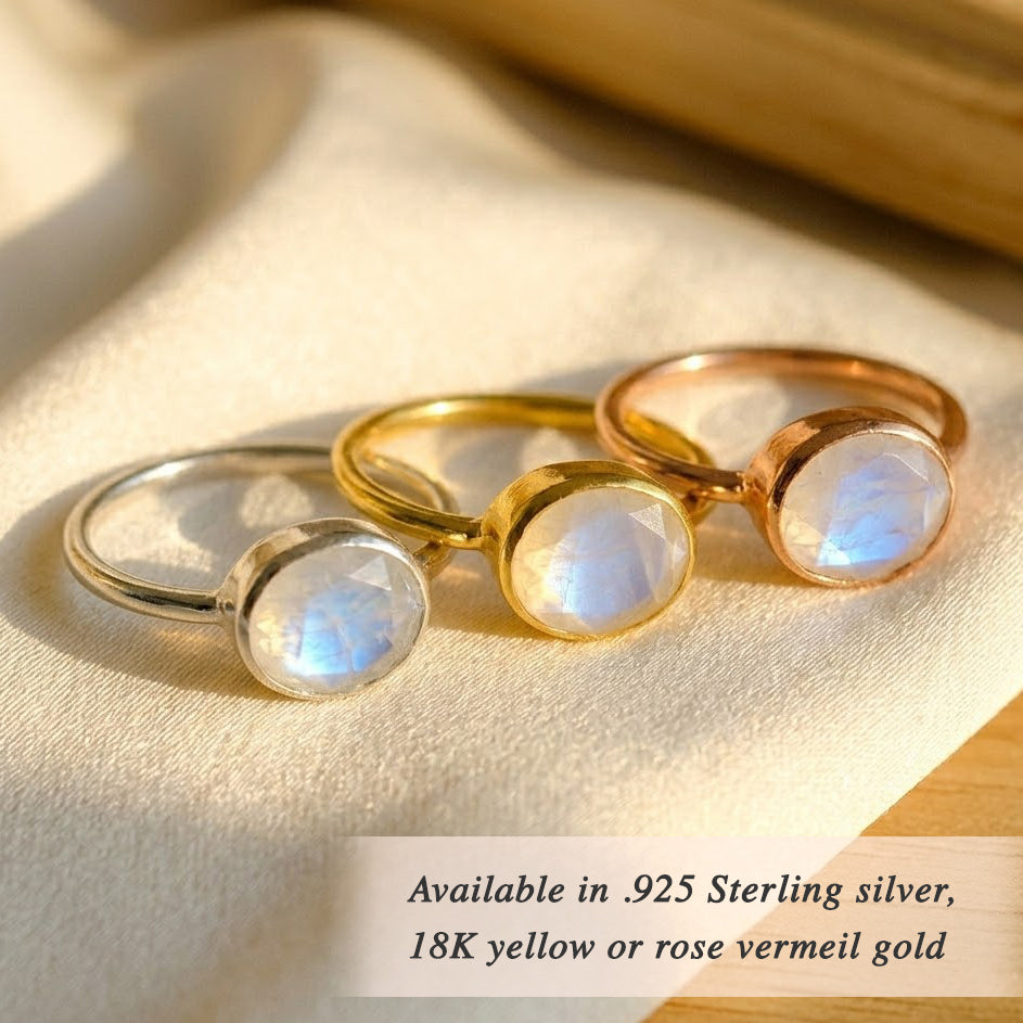 Oval moonstone rings in sterling silver and 18k gold vermeil, bezel set June birthstone ring options