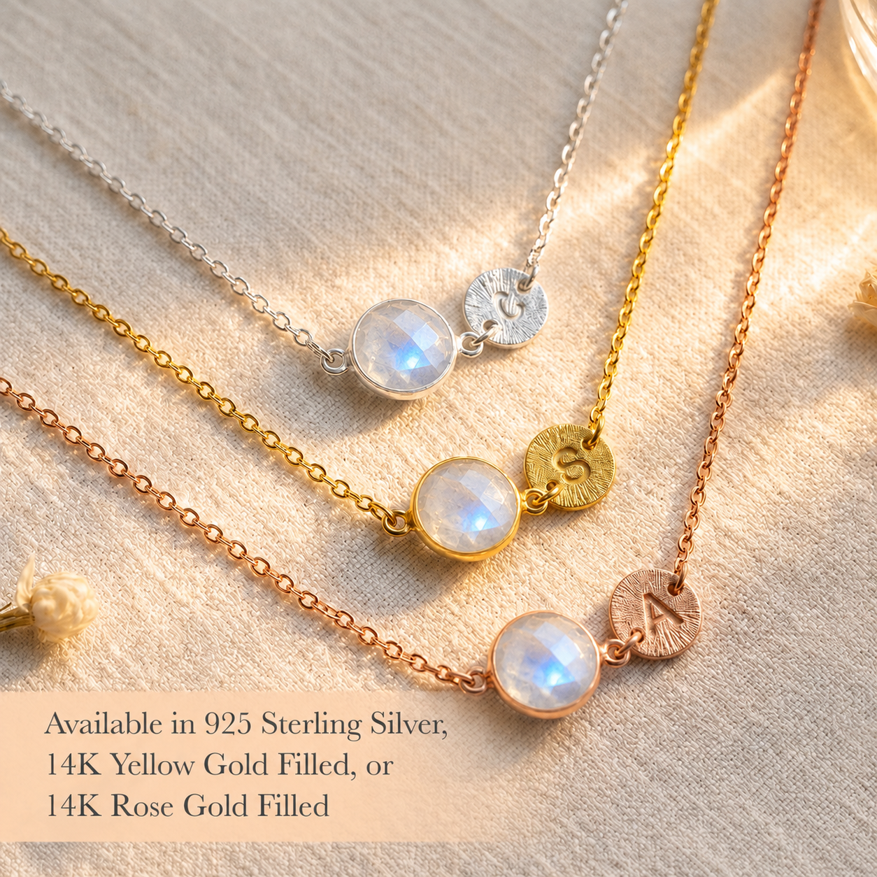 Personalized June Birthstone & Initial Charm Necklace, 925 Sterling Silver, 18k Vermeil Gold, Custom Moonstone Station Necklace, Minimalist Gemstone Necklace, Christmas Gift for Her, Gift for Women