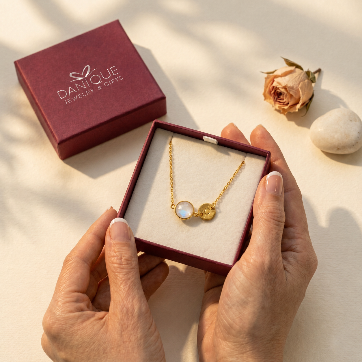 Personalized June Birthstone & Initial Charm Necklace, 925 Sterling Silver, 18k Vermeil Gold, Custom Moonstone Station Necklace, Minimalist Gemstone Necklace, Christmas Gift for Her, Gift for Women