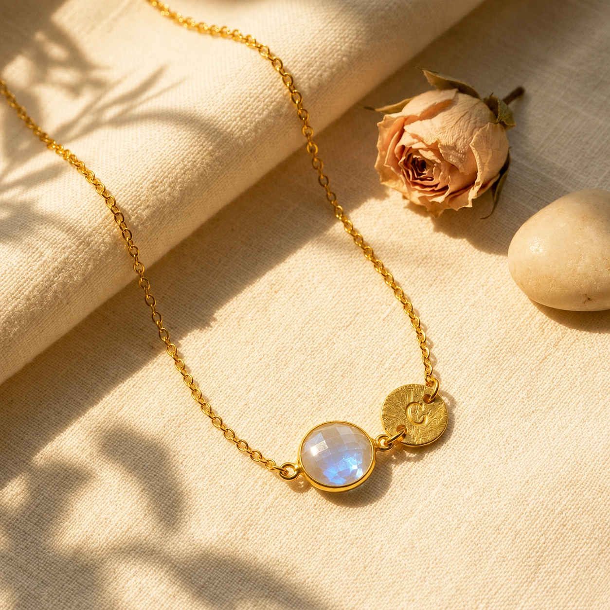 Personalized June Birthstone & Initial Charm Necklace, 925 Sterling Silver, 18k Vermeil Gold, Custom Moonstone Station Necklace, Minimalist Gemstone Necklace, Christmas Gift for Her, Gift for Women