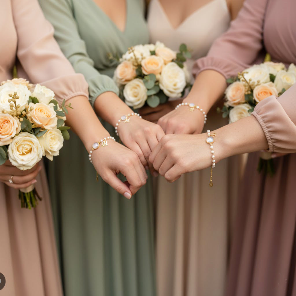 Bridesmaid gift set featuring custom initial and birthstone bracelets in gold, personalized wedding jewelry for bridal party with gemstones including amethyst, peridot, topaz, and garnet charms.