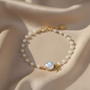 Custom birthstone initial bracelet in gold with June pearl gemstone charm, dainty personalized jewelry for bridesmaid gift, mother daughter or friendship keepsake, handmade birthstone bracelet for wedding party.