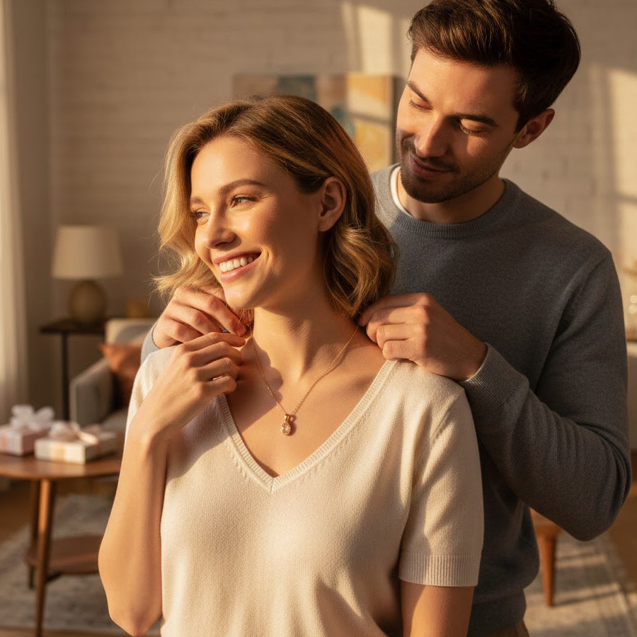 Woman wearing an oval November Citrine birthstone bezel necklace styled with a soft neutral outfit, showcasing how the dainty pendant sits on the neckline. Minimalist gold birthstone necklace designed for everyday elegance. Personalized birthstone jewelry gift for women, perfect for Valentine’s Day, anniversaries, or thoughtful birthday gifts.