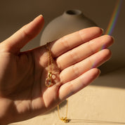 Close-up of oval Morganite birthstone bezel pendant necklace worn on the neck, highlighting the gemstone size and smooth bezel frame. Dainty personalized birthstone jewelry designed for everyday wear. Custom birthstone necklace makes a thoughtful Valentine’s Day gift for her or a sentimental keepsake.