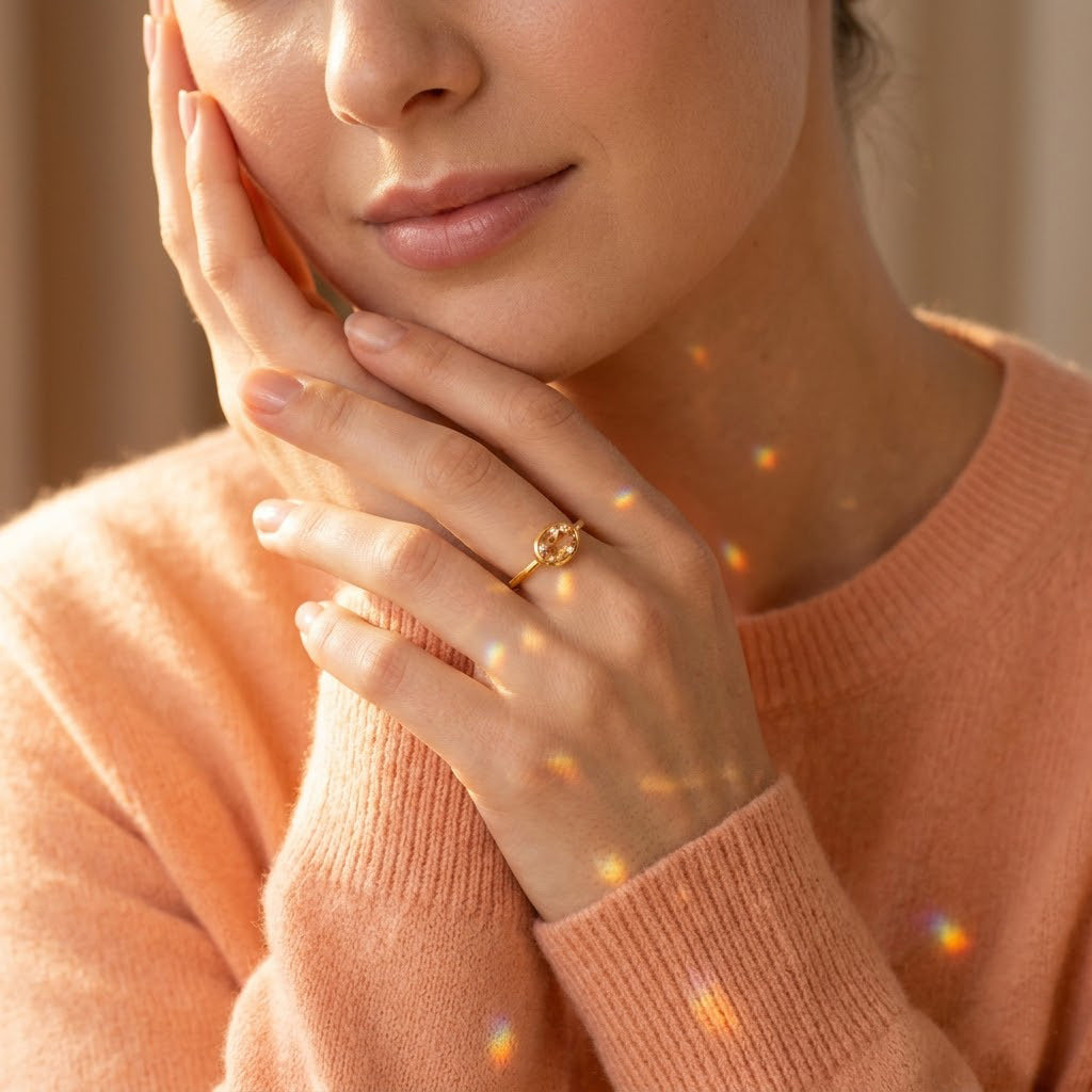 Morganite oval bezel set ring close-up, minimalist gold band with blush pink gemstone