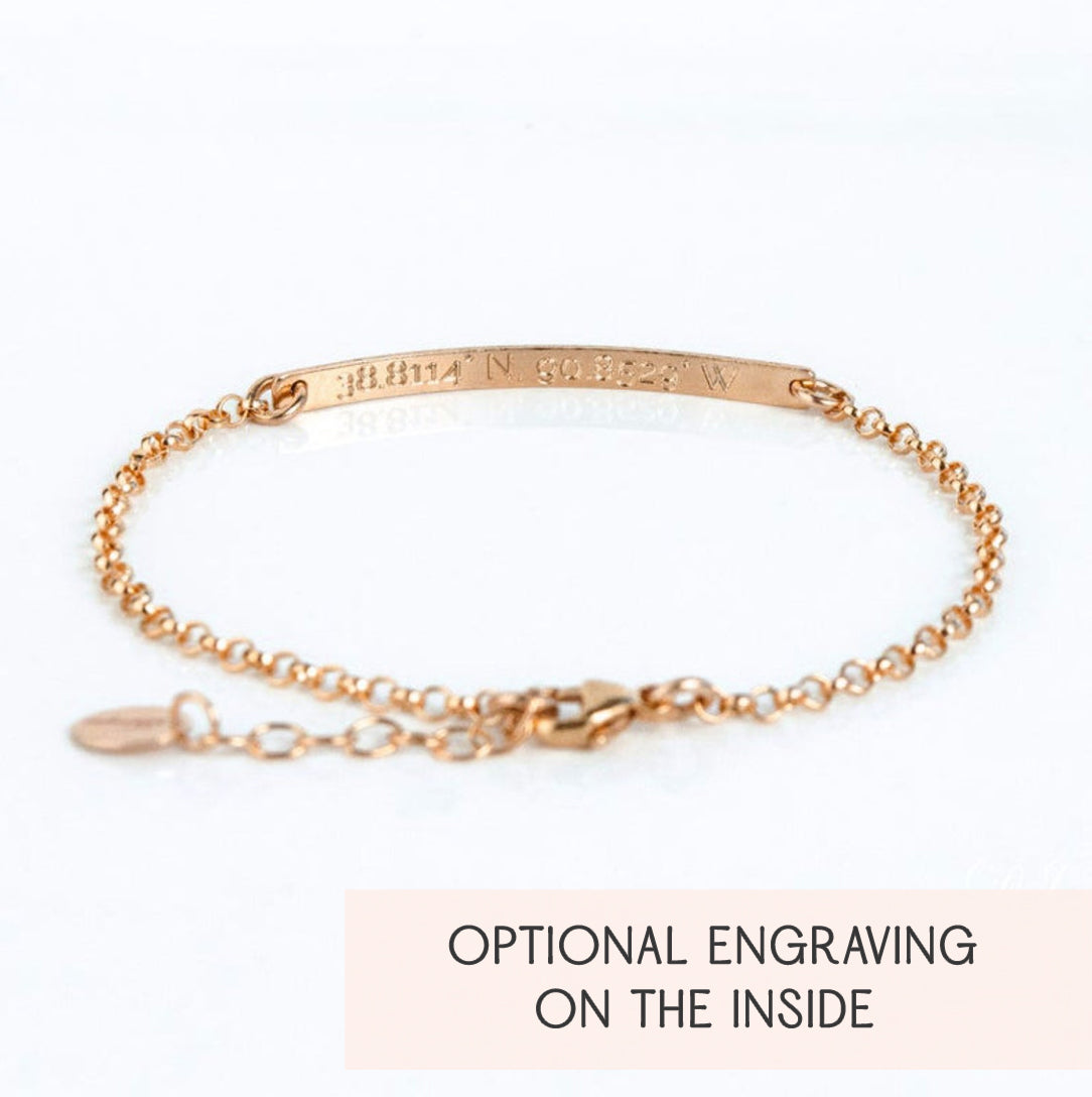 Rose gold Morse code skinny bar bracelet with delicate chain and lobster clasp, shown with custom coordinates engraved across the front bar and note “optional engraving on the inside,” minimalist personalized bar bracelet for her available in .925 sterling silver, 14k yellow or rose gold filled, perfect hidden message jewelry gift for mom, best friend, girlfriend or bridesmaid, adjustable length and custom word, date or location options.