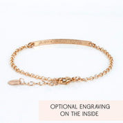 Rose gold Morse code skinny bar bracelet with delicate chain and lobster clasp, shown with custom coordinates engraved across the front bar and note “optional engraving on the inside,” minimalist personalized bar bracelet for her available in .925 sterling silver, 14k yellow or rose gold filled, perfect hidden message jewelry gift for mom, best friend, girlfriend or bridesmaid, adjustable length and custom word, date or location options.
