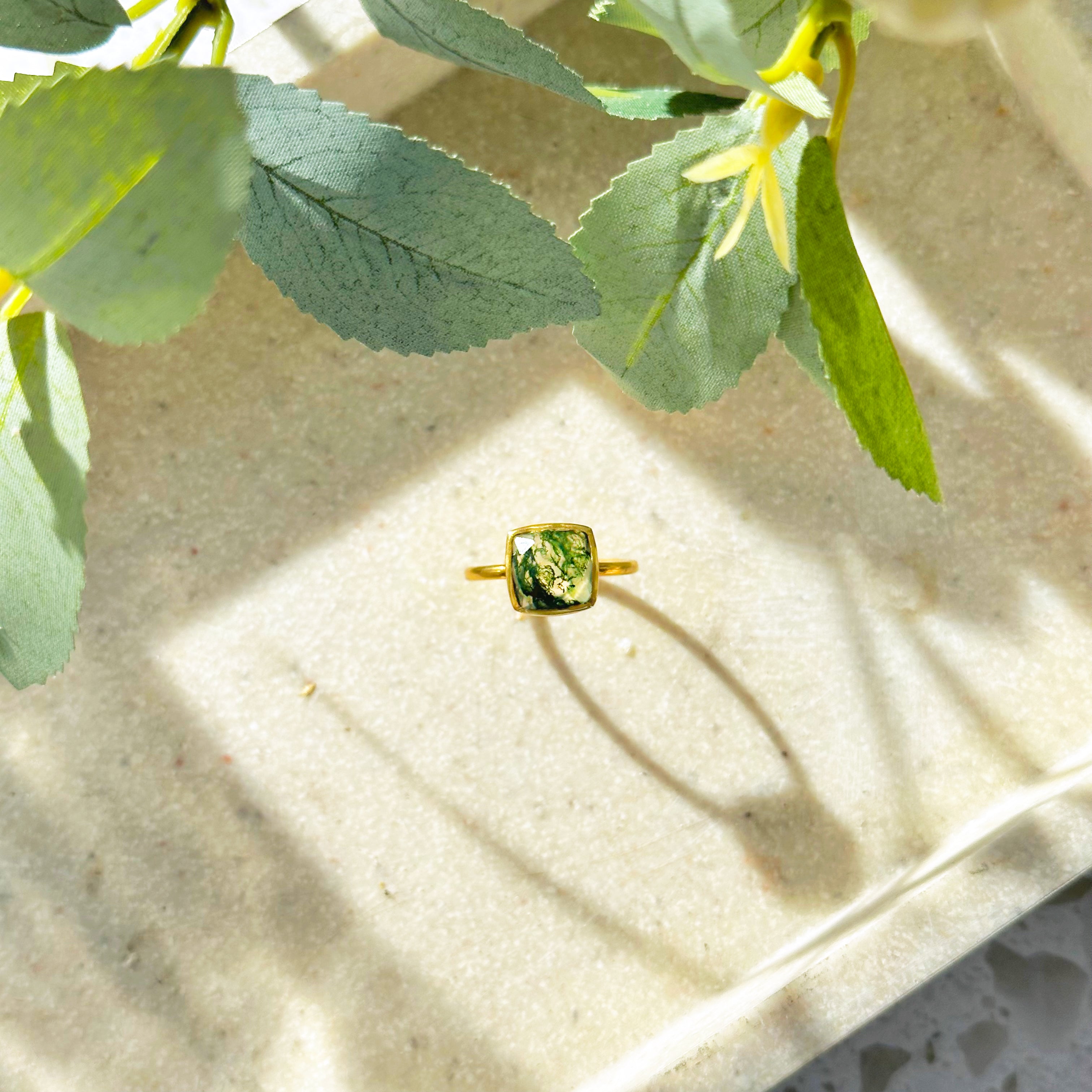 Moss Agate Cushion Cut Ring – Sterling Silver Bezel Set November