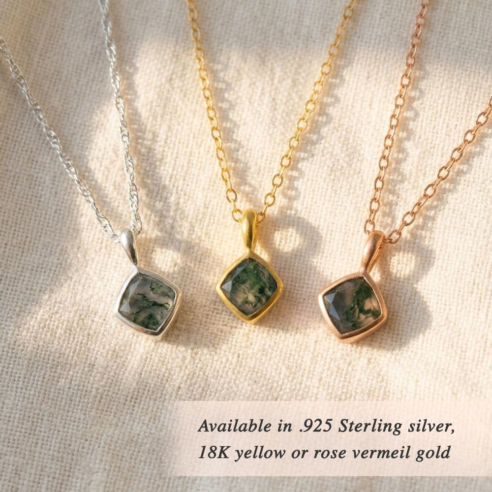 cushion gemstone pendant necklace available in sterling silver and gold vermeil, modern square cut gemstone jewelry