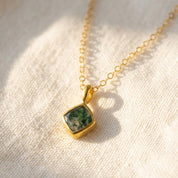 minimalist cushion cut gemstone necklace in gold with natural green stone, dainty everyday pendant jewelry
