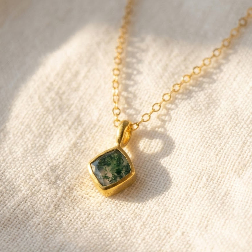 minimalist cushion cut gemstone necklace in gold with natural green stone, dainty everyday pendant jewelry