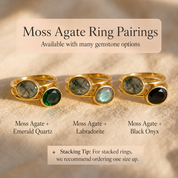 Moss agate ring pairing guide showing moss agate with emerald quartz, labradorite, and black onyx stacking combinations.
