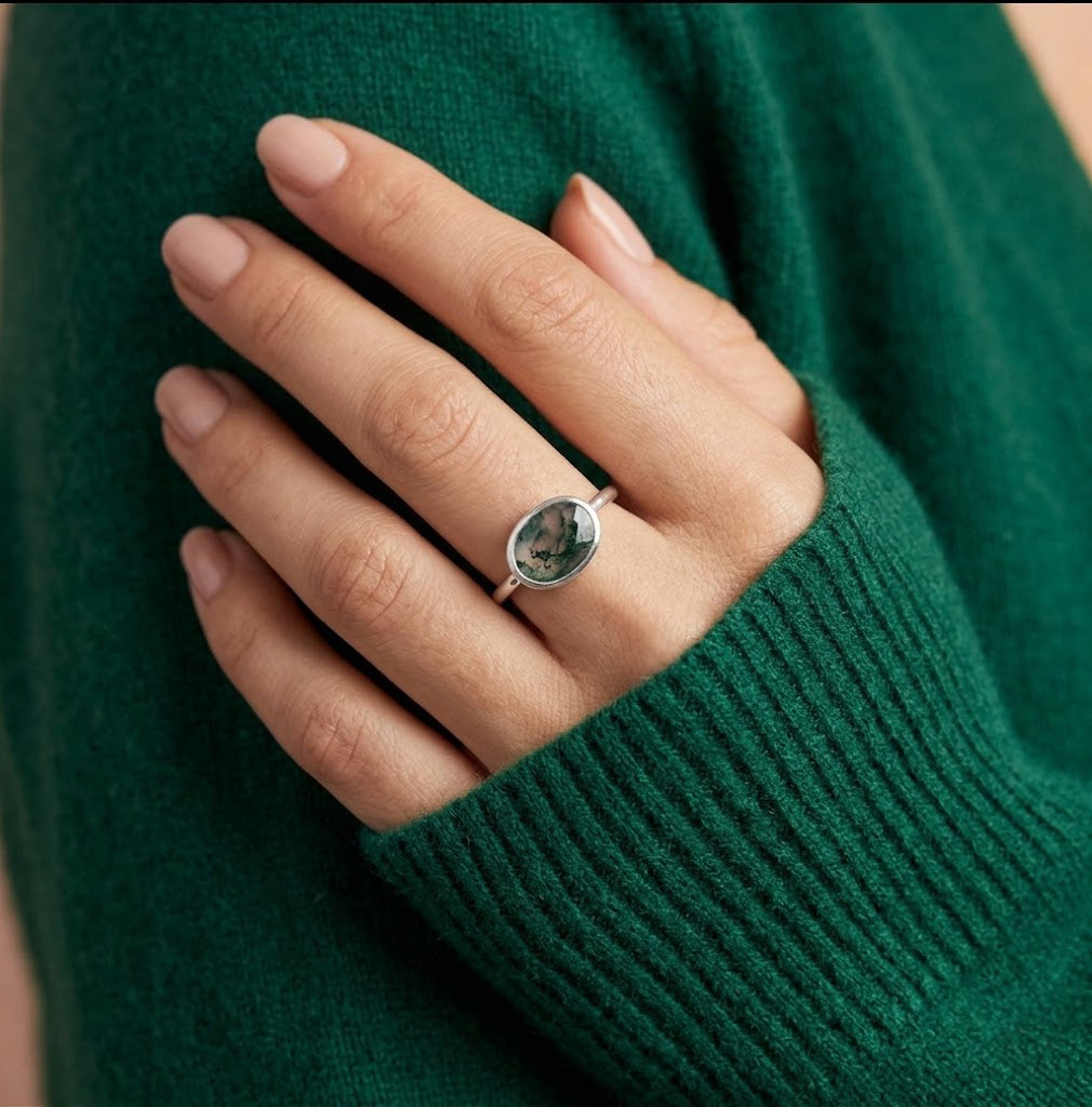moss agate ring worn on hand, delicate gold gemstone ring, unique green statement ring