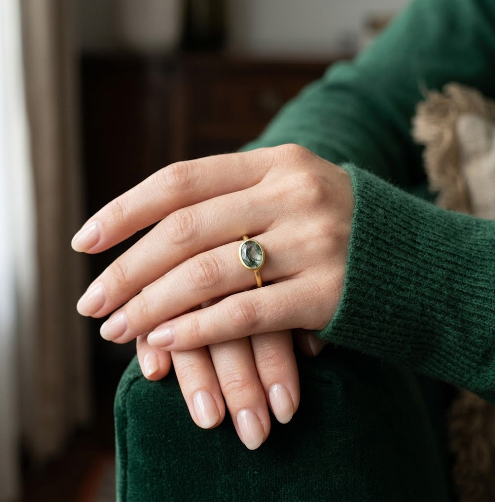 moss agate ring worn on hand with green sweater, minimalist gemstone ring gift for her
