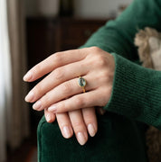moss agate ring worn on hand with green sweater, minimalist gemstone ring gift for her