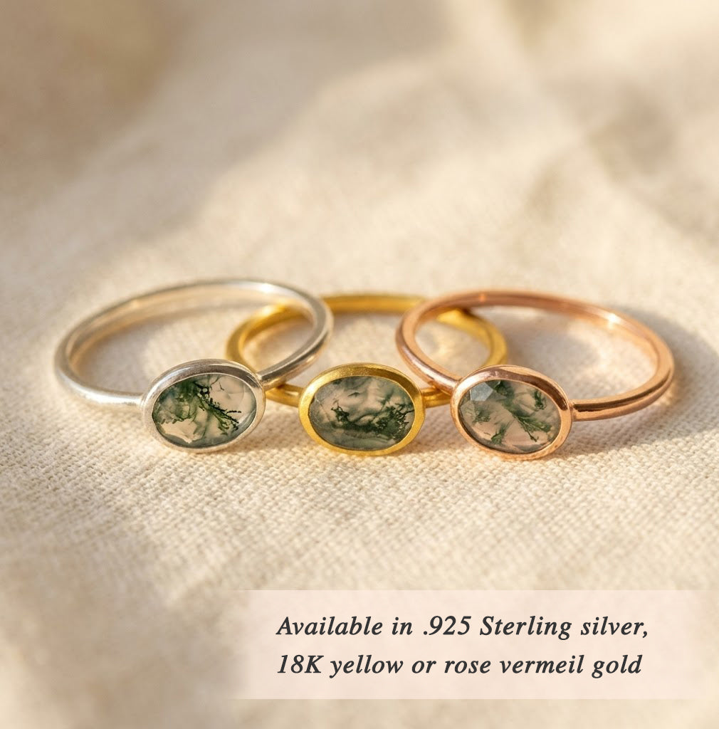 moss agate rings in gold silver and rose gold, oval gemstone ring variations