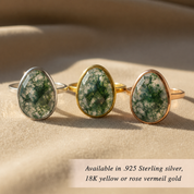Natural moss agate rings in sterling silver, yellow gold and rose gold vermeil with unique green gemstone patterns