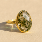 Large natural moss agate teardrop ring in yellow gold vermeil with faceted green gemstone and unique organic inclusions