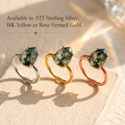 Moss Agate Teardrop Prong Set Ring, Virgo Birthstone May