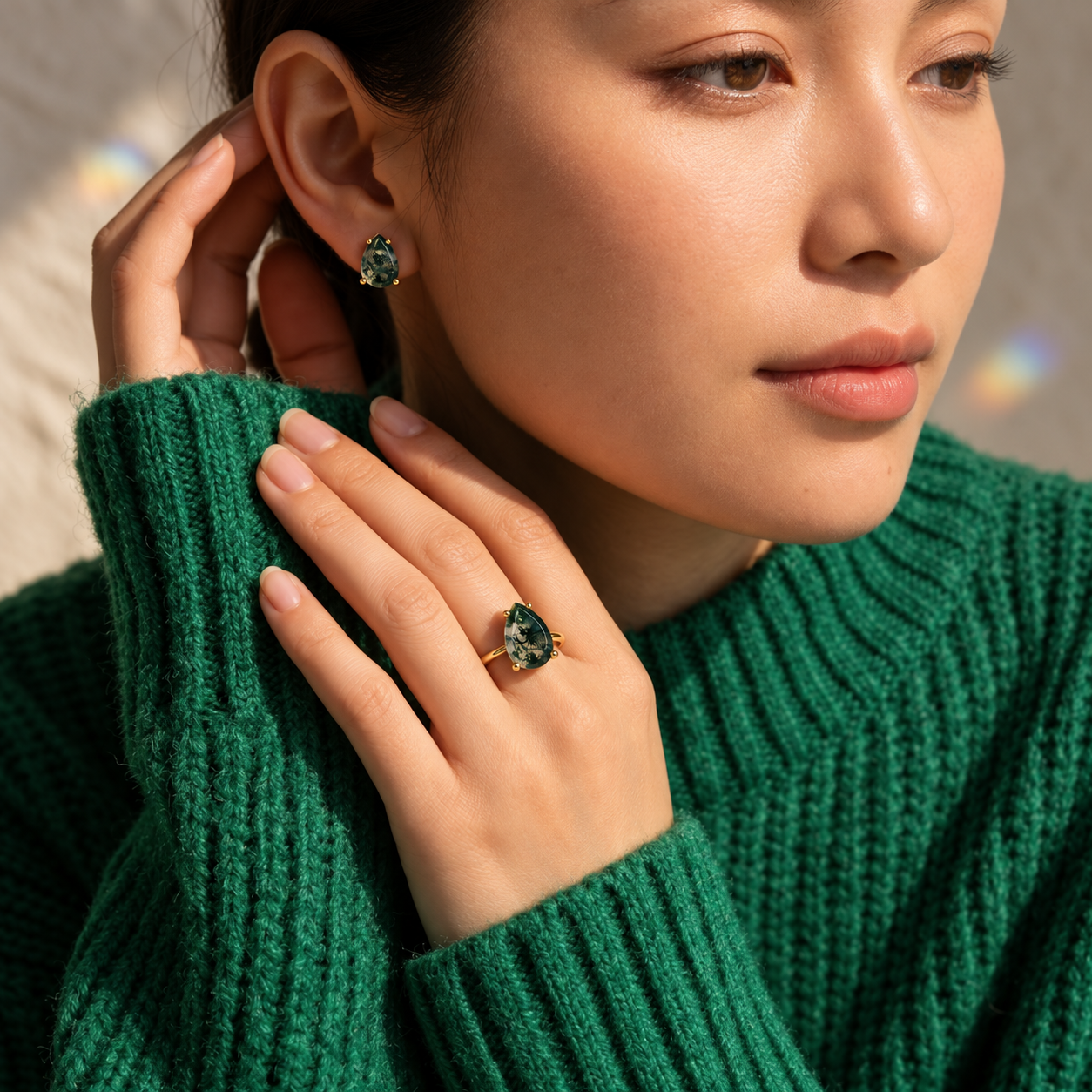 Moss Agate Teardrop Prong Set Ring, Virgo Birthstone May