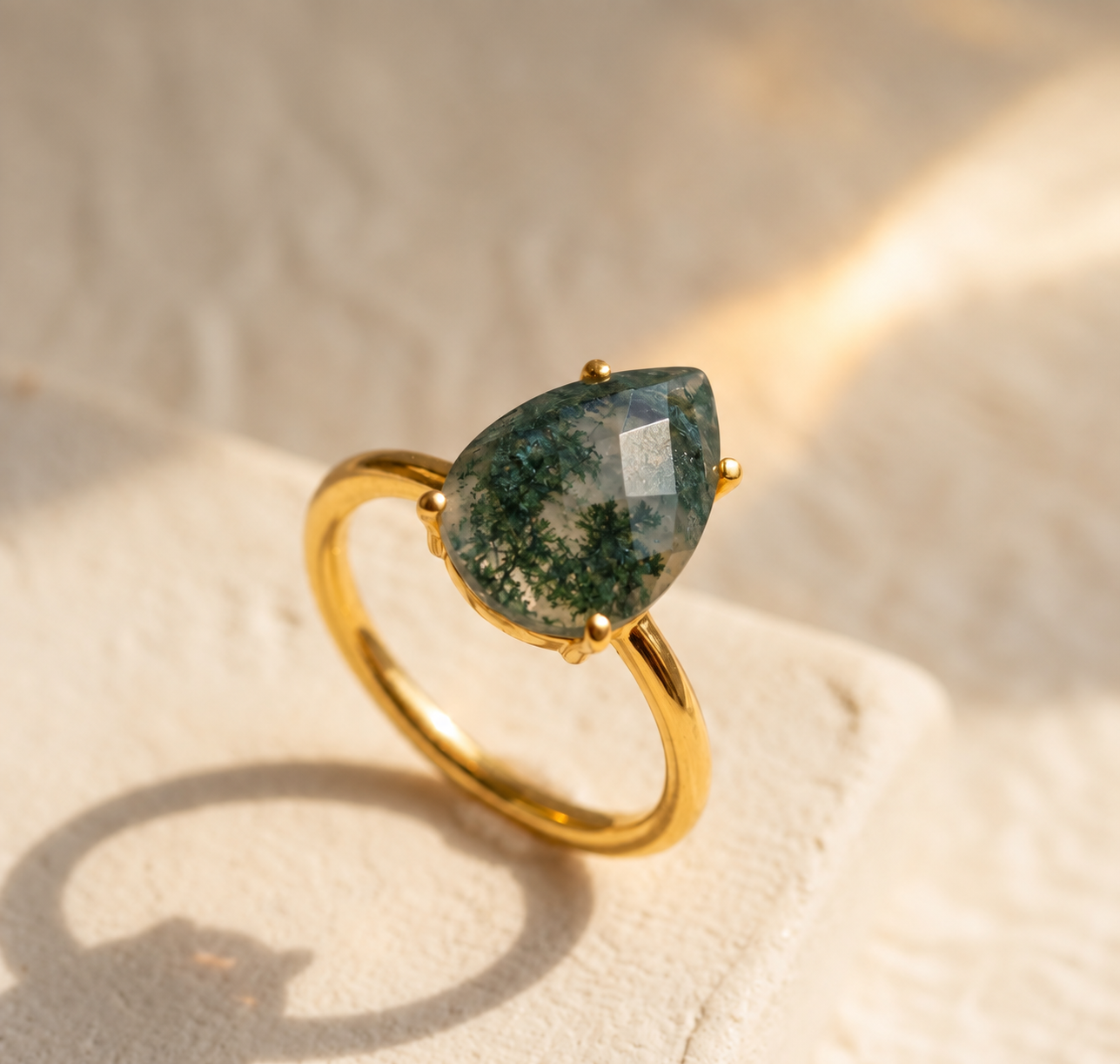 Moss Agate Teardrop Prong Set Ring, Virgo Birthstone May