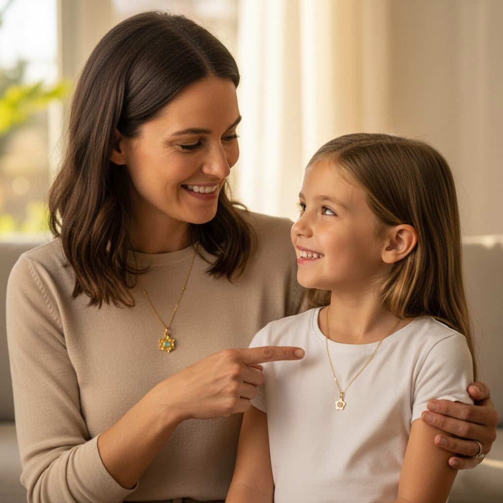 mother daughter birthstone bloom necklace set with smiling mom and young daughter sitting together on a cozy sofa, each wearing a gold flower pendant on a delicate chain, larger multi-petal bloom with aqua blue birthstone on mom and smaller dainty blossom with pink stone on daughter, meaningful matching jewelry celebrating their special bond, personalized birthstone flower necklaces perfect for Mother’s Day, birthday or holiday gift for mom and daughter