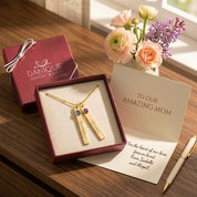 Danique Jewelry gift box with personalized name bar birthstone necklace packaged for gifting