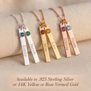 Personalized name bar necklaces shown in sterling silver, yellow gold, and rose gold with birthstone charms