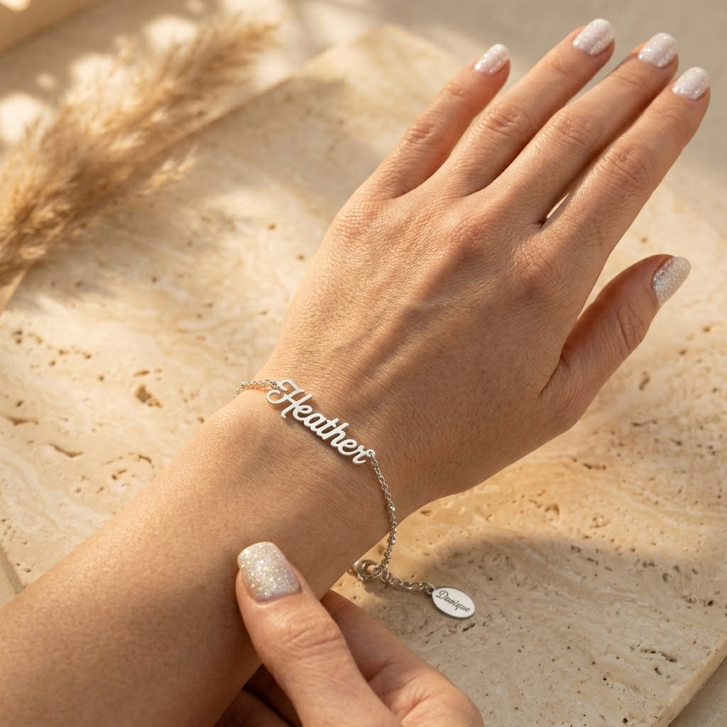 dainty name bracelet on wrist minimalist personalized bracelet gift for girlfriend or mom
