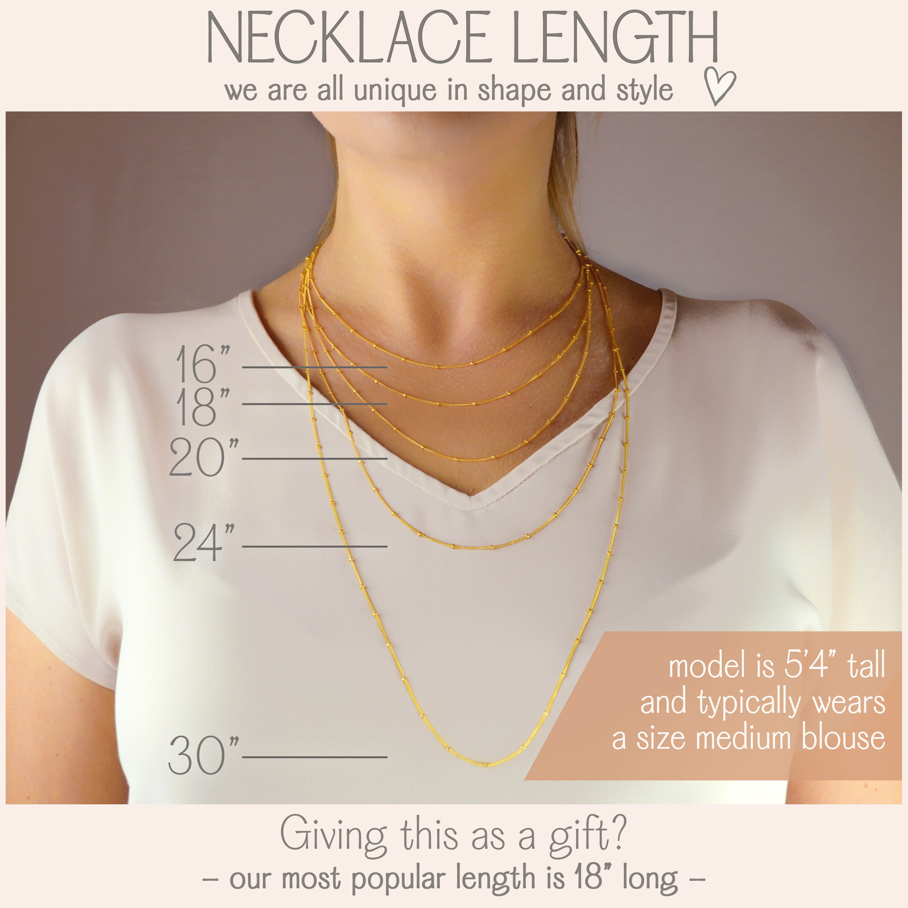 necklace length as shown on model with white top. most popular length is 18 inches. jewelry gift, necklace gift for her, anniversary gift, christmas gift, valentine's day gift, wedding jewelry, bridesmaid's jewelry, gift for mom, gift for wife, gift for girlfriend, gift for grandma, mother's day gift