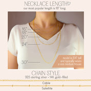 Diagram of our necklace lengths. 18 inches is the most popular length. We do offer chains in 16, 18, 20, 24 or 30 inches. Chain styles include satellite and cable chains in 14K gold-filled or in 925 Sterling Silver