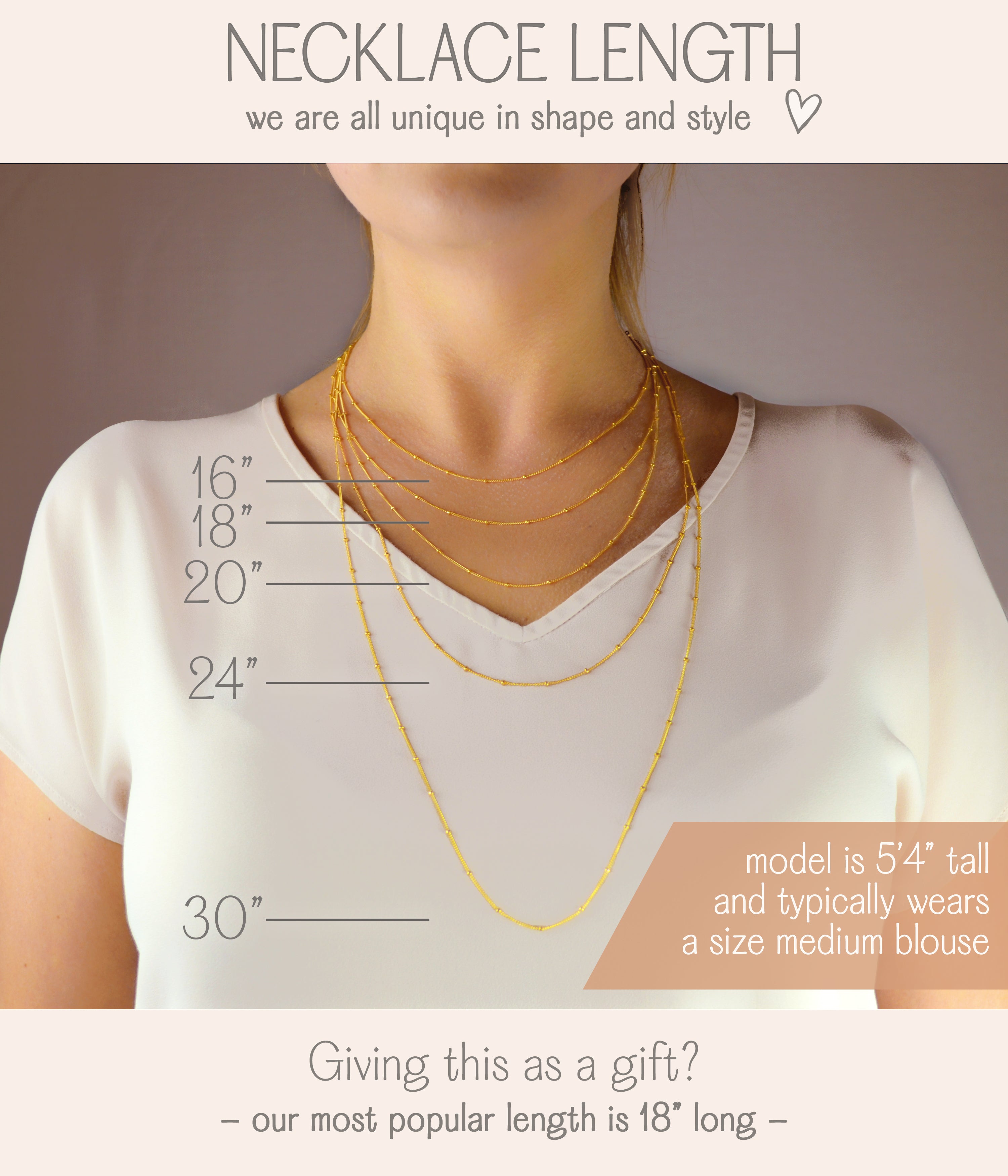 Necklace length options for 16", 18”, 20”, 24”, and 30" shown on model who is 5'4" tall and size medium