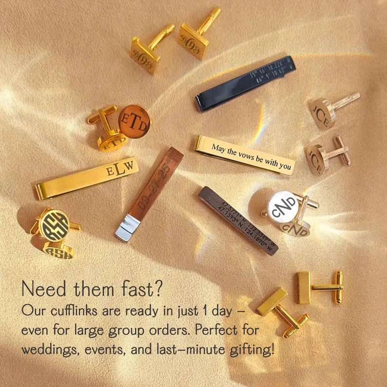 Flat lay of personalized men’s accessories by Danique Jewelry, including engraved cufflinks and custom tie clips in gold, silver, black, and wood finishes. Designs feature initials, monograms, coordinates, dates, and custom messages like “May the vows be with you.” Ready in just 1 day, perfect for weddings, groomsmen gifts, Father’s Day, anniversaries, or last-minute gifting. Unique and meaningful gifts for groom, best man, father of the bride, or husband. Custom jewelry for formal and special events.