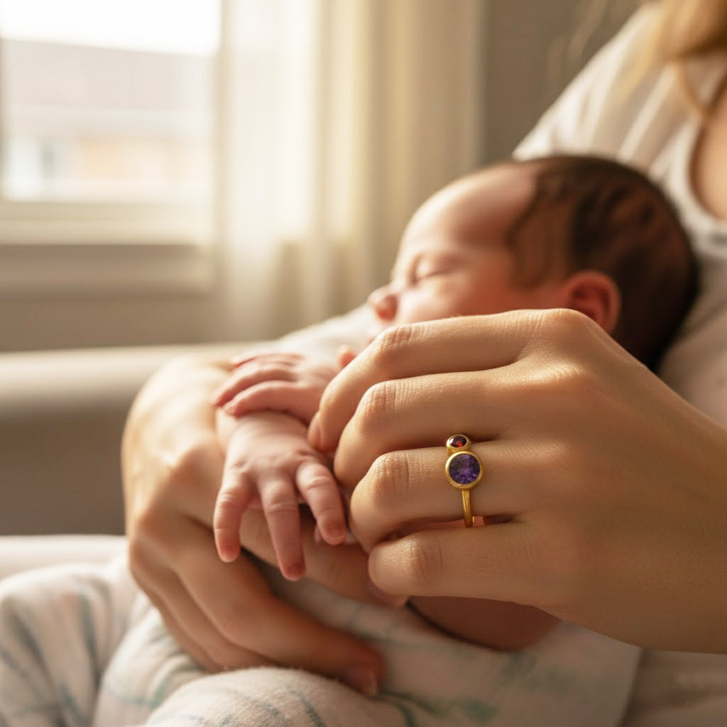 New mom holding baby while wearing dainty double birthstone ring, personalized mother’s jewelry with children’s gemstones, meaningful family gift