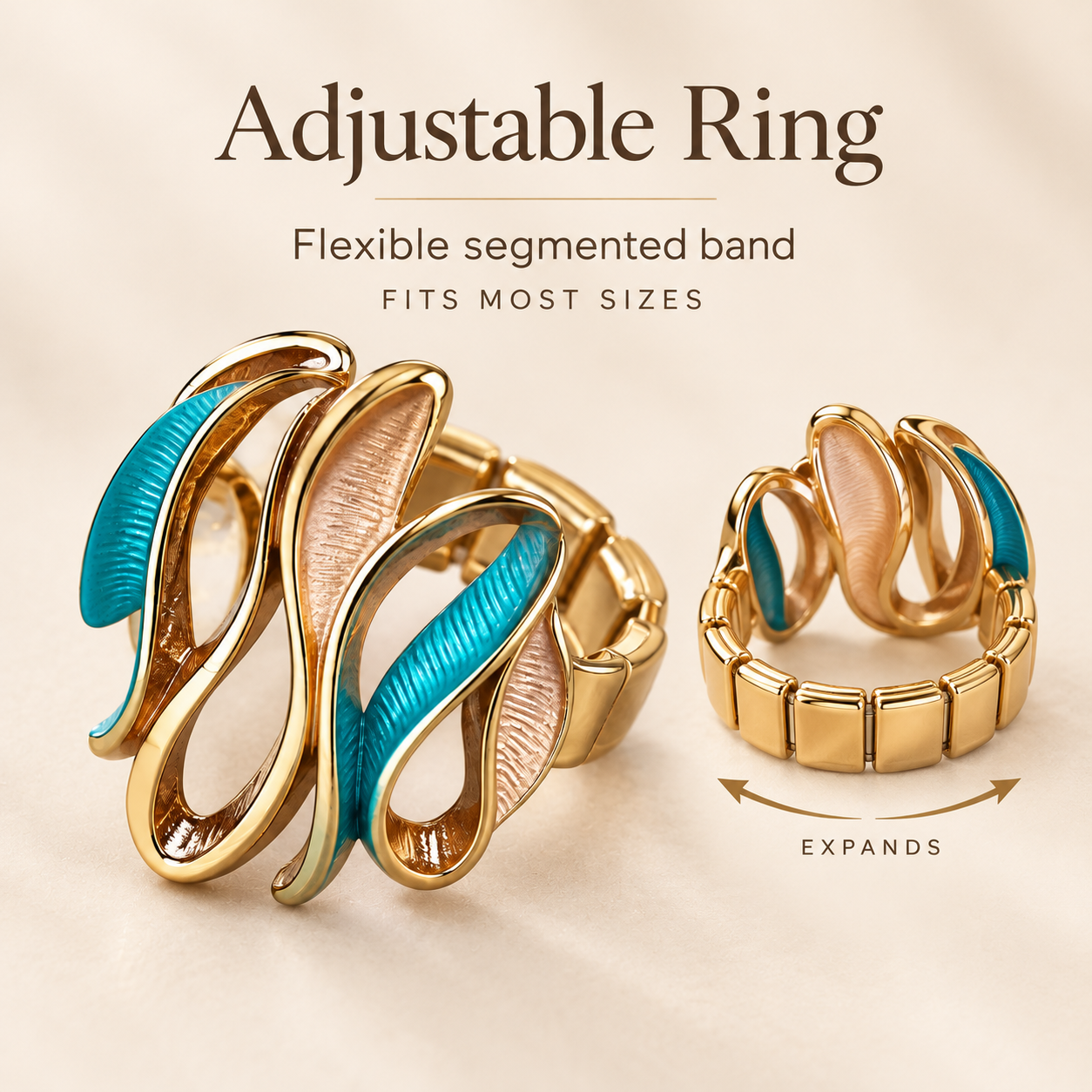 Sculptural Wave adjustable ring sizing chart showing flexible segmented band and expandable fit