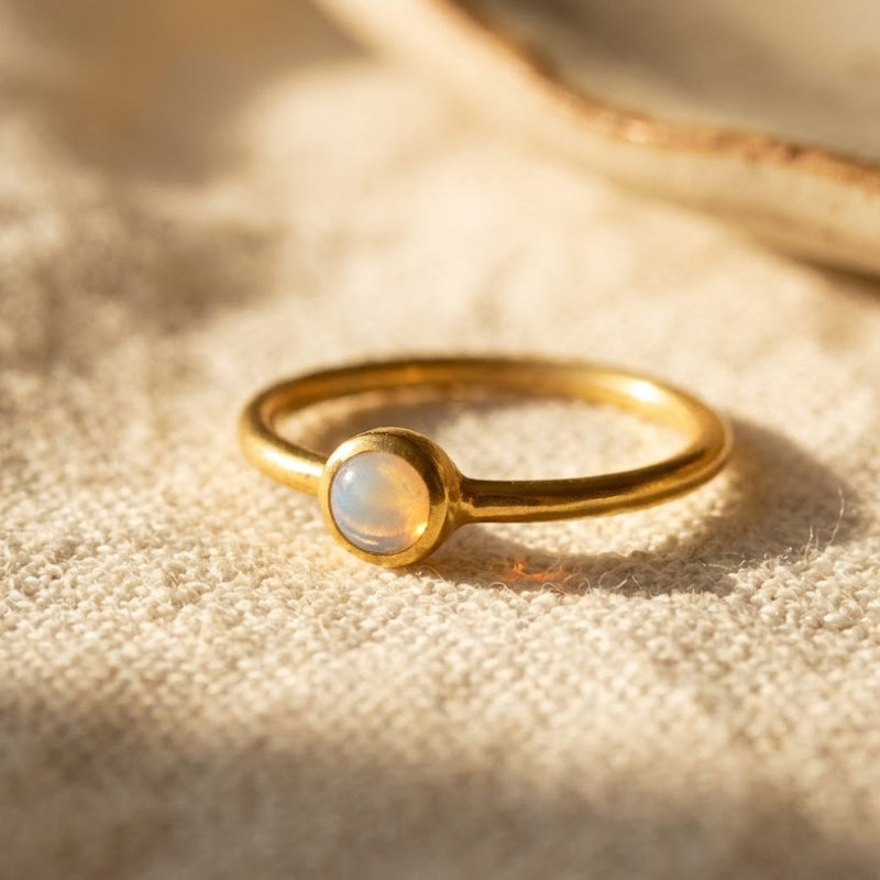 Cabochon opalite ring in gold bezel setting minimalist October birthstone ring