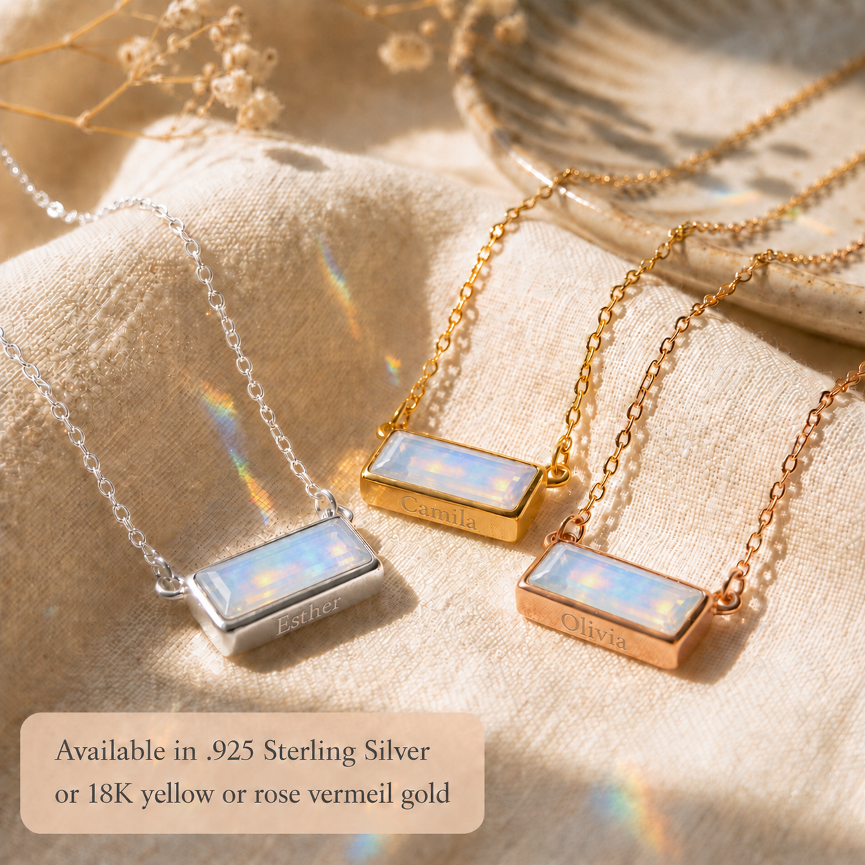 Horizontal Opalite bar necklaces shown in sterling silver, yellow gold and rose gold finishes.
