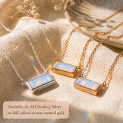 Horizontal Opalite bar necklaces shown in sterling silver, yellow gold and rose gold finishes.
