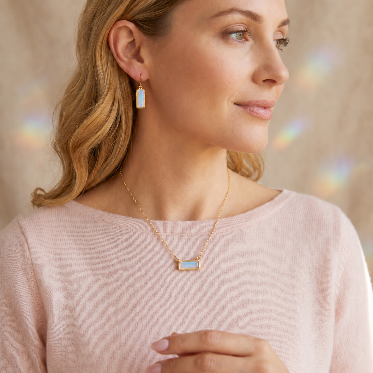 Woman wearing a horizontal Opalite gemstone bar necklace in yellow gold as a minimalist everyday necklace.
