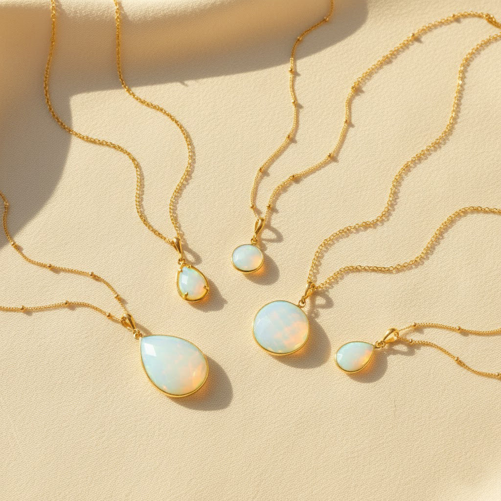 Opalite teardrop and round pendant necklaces on gold chains, iridescent milky white blue glow stones in multiple sizes, dainty minimalist layering jewelry, bridal something-blue gift.
