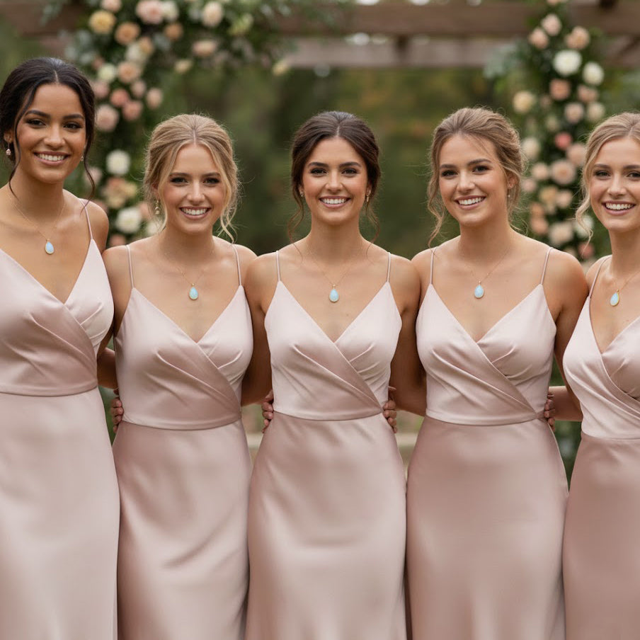 Bridesmaids wearing matching opalite teardrop necklaces in a wedding setting, showcasing perfect bridal party jewelry and coordinated gemstone accessories. Ideal for bridesmaid proposal gifts, wedding day jewelry, personalized bridal gifts, and matching opalite gemstone necklaces that create a cohesive and elegant bridal party look with minimalist gold accents.
