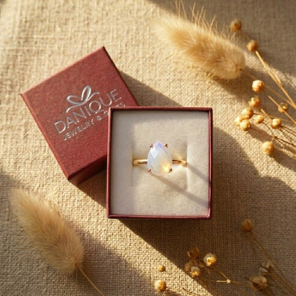 Gift-ready opalite birthstone ring in Danique Jewelry box, a meaningful October birthday gift, bridesmaid ring, or jewelry gift for her.