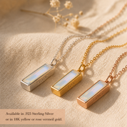 Opalite vertical bar necklaces shown in sterling silver, yellow gold and rose gold finishes.
