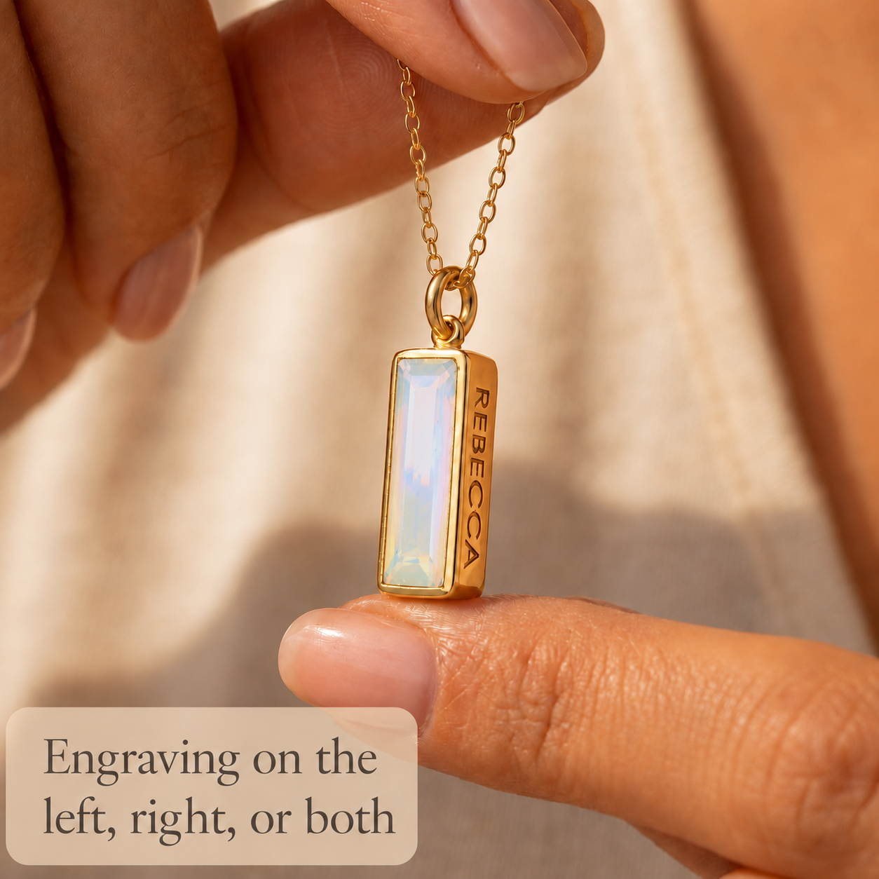 Close-up of Opalite baguette necklace showing hidden engraving available on the left side, right side, or both sides.
