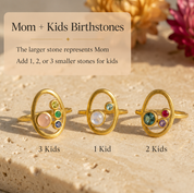 Close-up of personalized birthstone ring on hand with one large mom stone and smaller children’s stones.