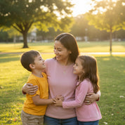 Mother with two children wearing custom birthstone necklace, meaningful family jewelry gift for mom