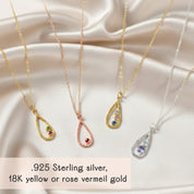 Custom birthstone necklaces in sterling silver, yellow gold, and rose gold with family birthstones